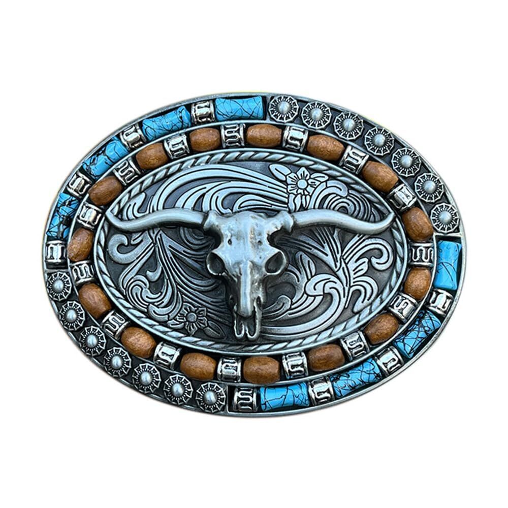 6097 Turquoise Longhorn Belt Buckle Western Cowboy Cowgirls, Oval Texas